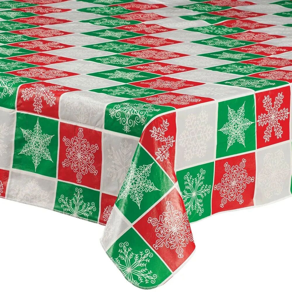 Snowflake Patchwork Vinyl Tablecloth 60" X 90" Holiday Red Green Fleece Backing